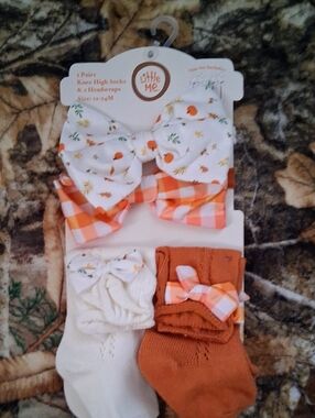 Little Me White and Orange Bow Headbands with Coordinating Socks